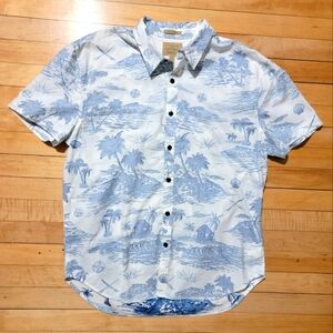 Lucky Brand California Fit Button Up Shirt Blue White Palm Tree Beach Travel XL